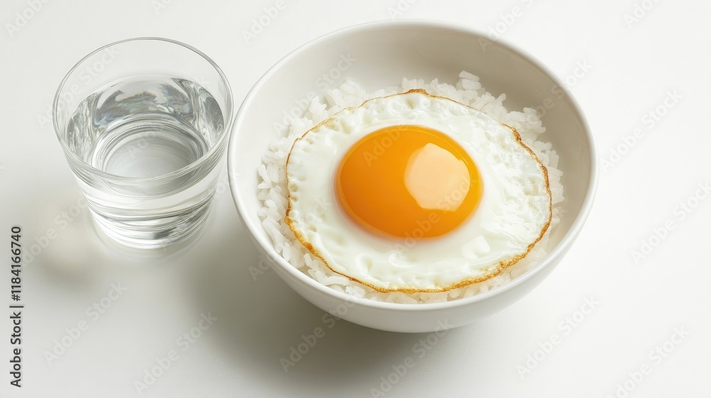 Fried egg on rice served with a refreshing glass of water on a clean dining table, top view. Fried egg on rice served with a refreshing glass of water on a clean dining table, top view.