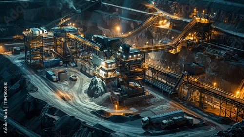 The mineral processing plant operates non-stop, using advanced machinery and conveyor belts to separate valuable minerals from waste materials in the crushing process.
