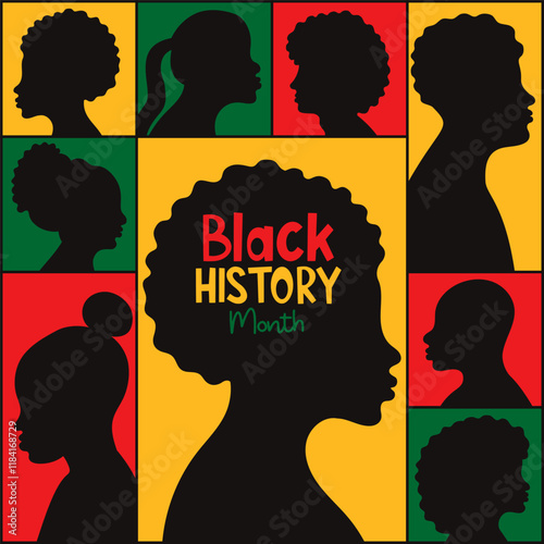 Black History Month poster. Silhouette African American men and women in repeating geometric shapes in red, yellow, green in color national flag. Vector illustration. Modern minimalistic square banner