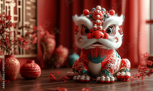 happy chinese new year, cute chinese traditional lion dance