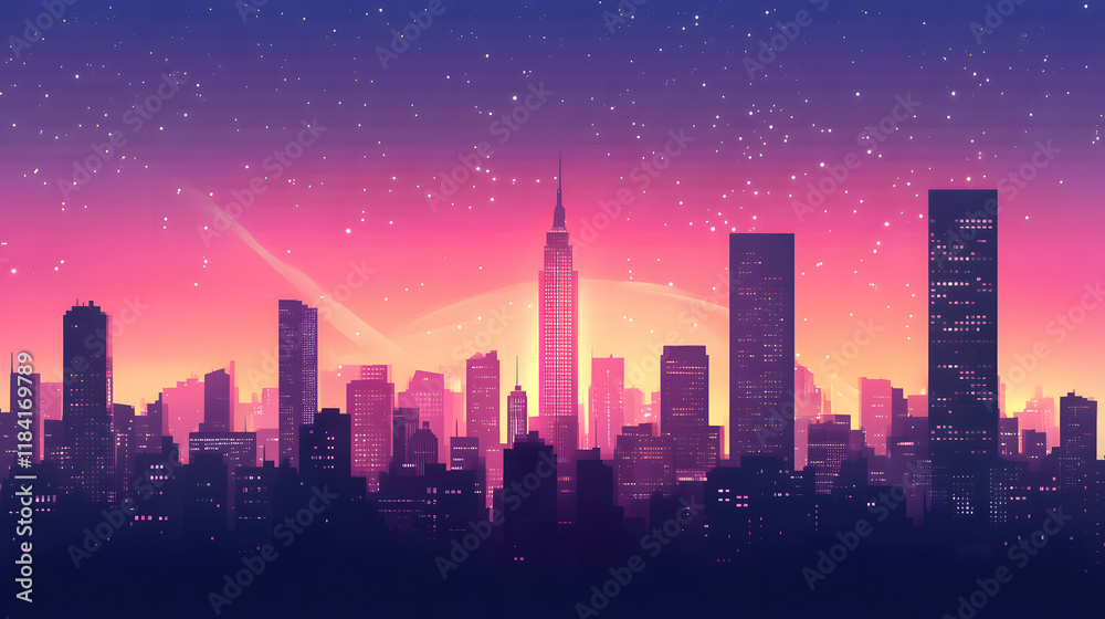 City Skyline at Twilight Under a Starry Sky