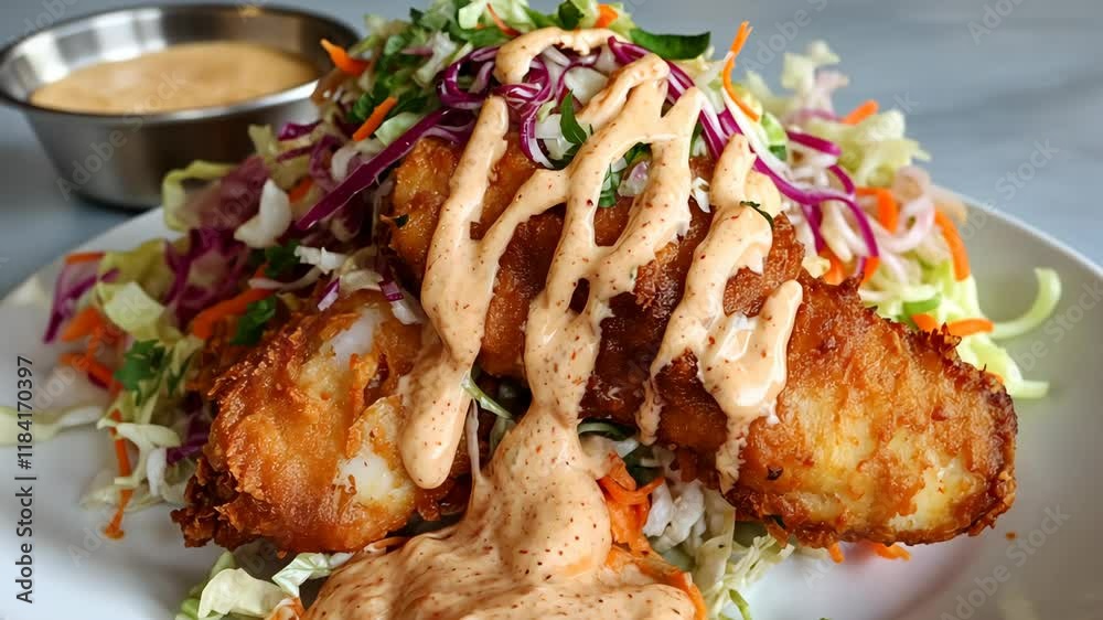 Delicious crispy fish tacos served with fresh vegetables and zesty sauce