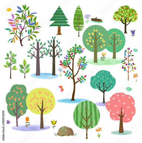 Arbres à feuilles caduques et conifères colorés isolés sur fond blanc. Concept de design pour un manuel, une affiche, une bannière. Éléments de style plat simples. Illustration vectorielle.