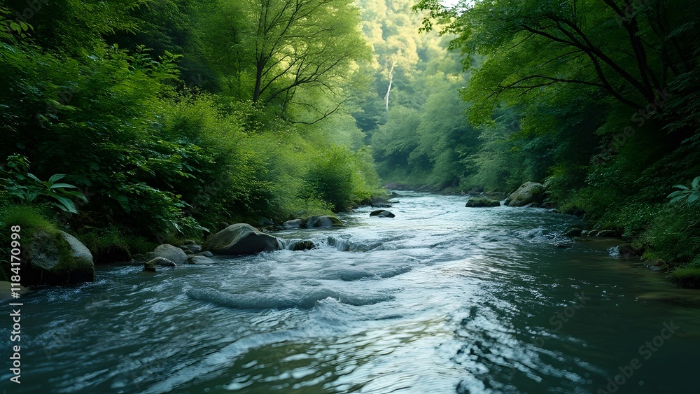 Pristine River Flowing Through Lush Green Forest, Black and White Nature Preservation Image Pristine River Flowing Through Lush Green Forest, Black and White Nature Preservation Image