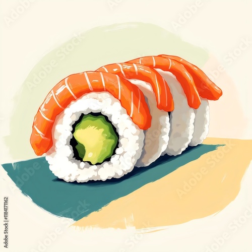 Ilustración de sushi fresco con aguacate y salmón sobre fondo claro
 photo