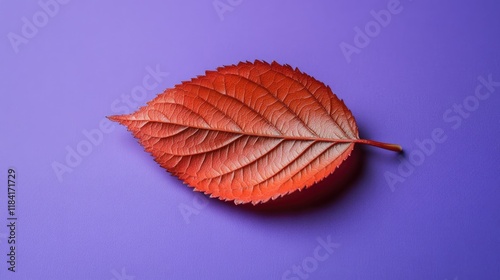 One cherry leaf resting on a vibrant purple background for an artistic contrast.