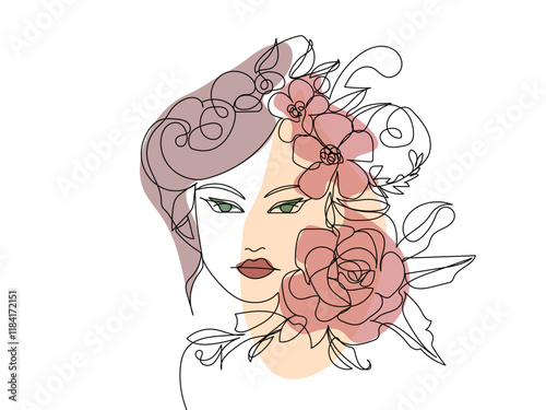 Continuous fashion line drawing hair face style concept. Beautiful minimalist woman, vector illustration.