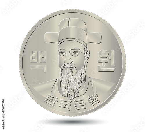 South Korea, 100 won, 1974. Obverse of South Korea one hundred won coin. Vector illustration.