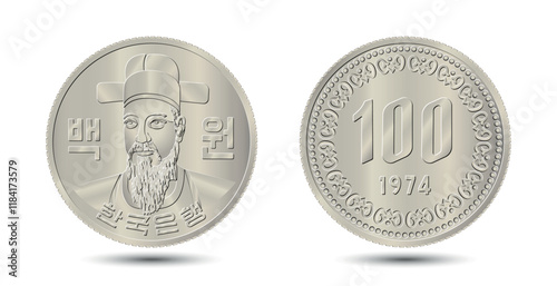 South Korea, 100 won, 1974. Reverse and obverse of South Korea one hundred won coin. Vector illustration.