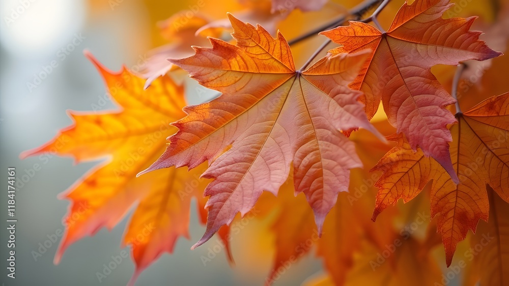 Close-Up of Vibrant Autumn Maple Leaves, Rich Orange and Red Hues, Intricate Details Close-Up of Vibrant Autumn Maple Leaves, Rich Orange and Red Hues, Intricate Details