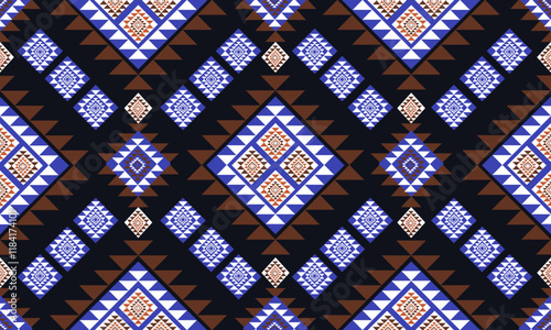 pattern geometric designs with brown,orange and blue on dark blue background , design for fabric or various pattern printing works.