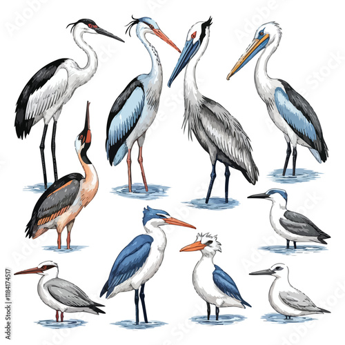 Collection of various bird species icons, vector cartoon illustration. Features swan, owl, raven, peacock, falcon, toucan, puffin