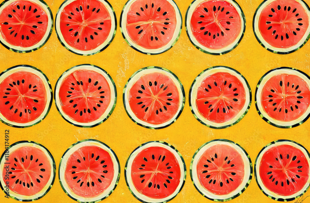 Brightly colored slices of watermelon are arranged in a repeating pattern against a cheerful yellow backdrop, creating a fresh and summery aesthetic suitable for various creative projects Brightly colored slices of watermelon are arranged in a repeating pattern against a cheerful yellow backdrop, creating a fresh and summery aesthetic suitable for various creative projects