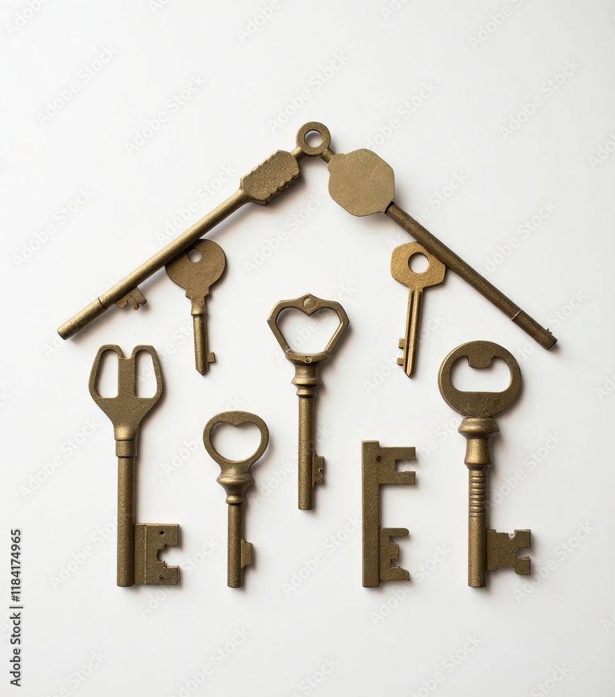 Keys arranged in house shape on white background Keys arranged in house shape on white background