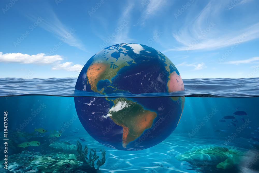 Fototapeta premium Half submerged Earth visualizes harmony between land and water