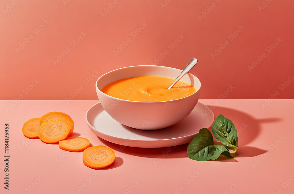 A creamy carrot soup sits in a white bowl on a round plate, accompanied by fresh basil leaves and sliced carrots. The vibrant orange soup contrasts beautifully against the pink backdrop A creamy carrot soup sits in a white bowl on a round plate, accompanied by fresh basil leaves and sliced carrots. The vibrant orange soup contrasts beautifully against the pink backdrop