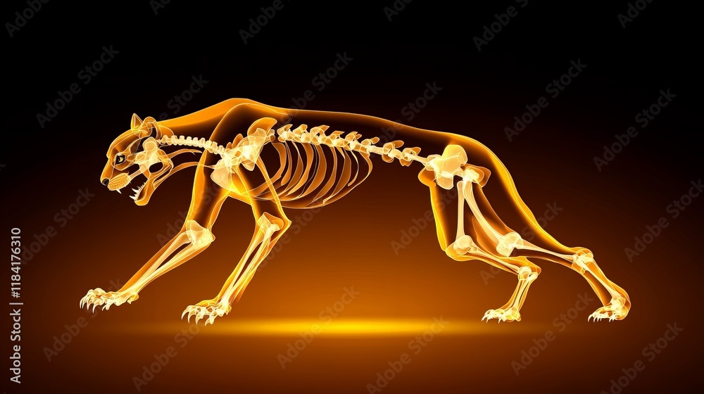 Fototapeta premium Glowing feline skeleton in dynamic pose. Intricate bone structure highlighted against a dark background.