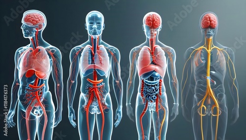 Human anatomy systems; digital render; medical; science background.