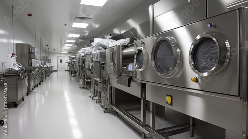 Rows of polished machinery in a sterile health supplement production line, with room for text. photo