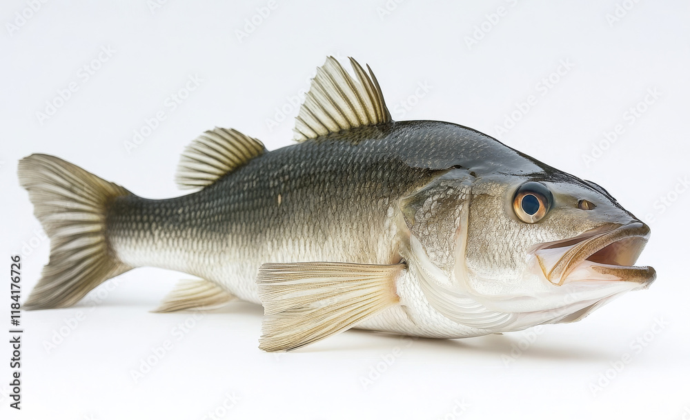 A bass fish glides gracefully near the surface of a freshwater lake, showcasing its sleek body and prominent fins under the bright sun. The clear water creates vibrant reflections A bass fish glides gracefully near the surface of a freshwater lake, showcasing its sleek body and prominent fins under the bright sun. The clear water creates vibrant reflections
