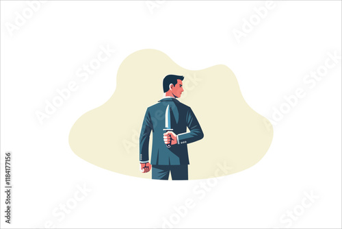illustration of a businessman holding knife behind his back view from behind. Betrayal metaphor concept