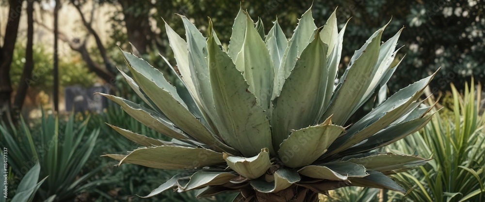 Full view of mature Agave Americana Variegata in a garden, indoor plants, xeriscaping, desert garden