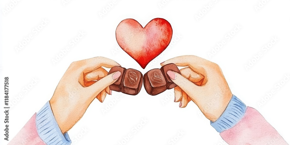 Obraz premium Valentine's Day experiences create memories. Hands holding chocolates with a heart above them.