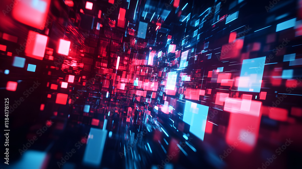 Abstract Red And Blue Glowing Cubes Digital Space Abstract Red And Blue Glowing Cubes Digital Space