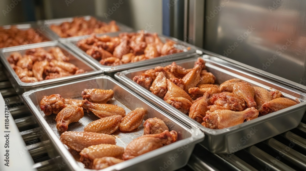 Stainless steel trays filled with neatly arranged raw chicken wings on a conveyor line in a sterile facility. Stainless steel trays filled with neatly arranged raw chicken wings on a conveyor line in a sterile facility.