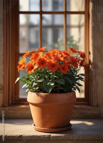 Vibrant autumn flower Decembrist in a terracotta pot on a windowsill, windowsill, vase