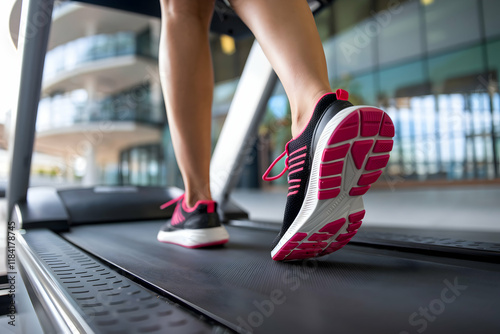 Sporty shoes on treadmill, indoors, with blurred modern building in the background