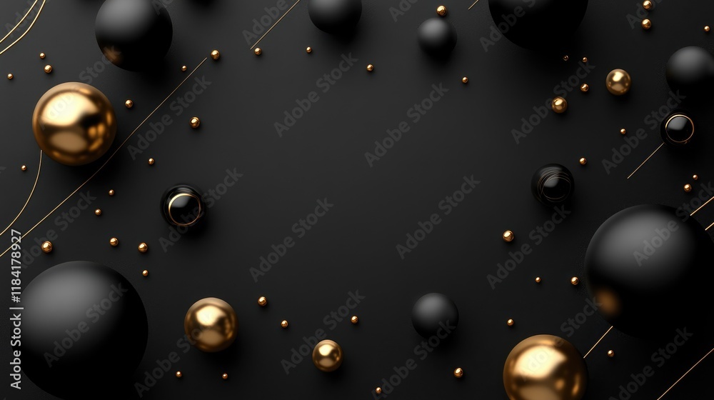 Fototapeta premium Top-down view of scattered D spheres and lines on a dark background, symbolizing innovation in business.