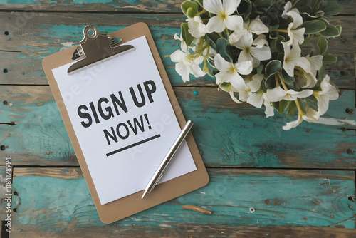 Clipboard reads Sign Up Now! on turquoise wooden surface, highlighting productivity