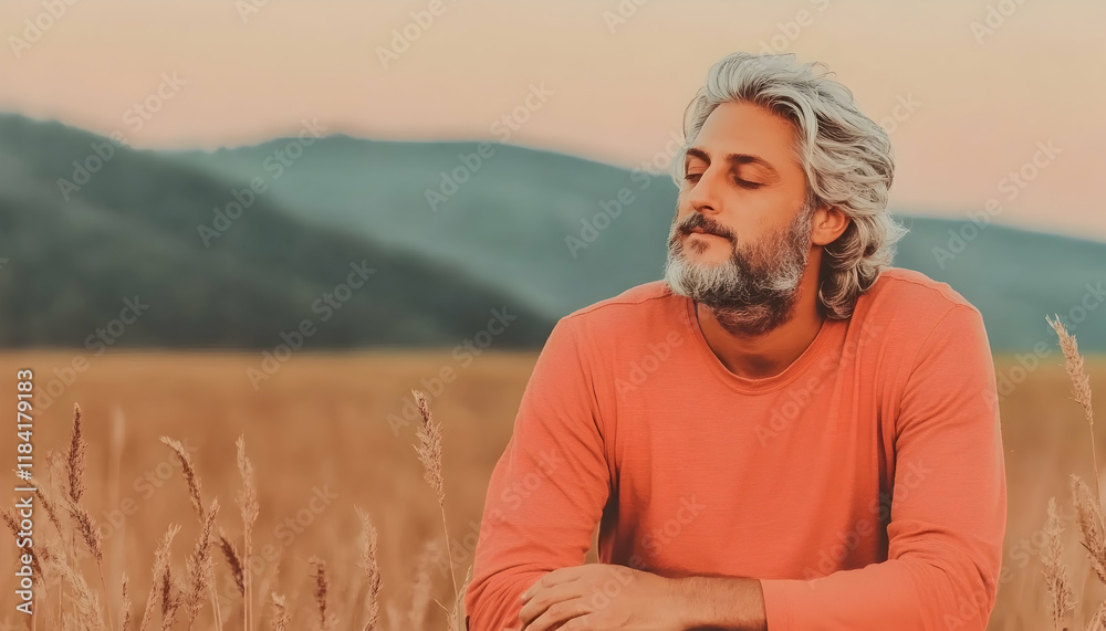 Serene man meditates in a golden wheat field at sunset, mountains in the background. Ideal for meditation, peace, and nature themes Serene man meditates in a golden wheat field at sunset, mountains in the background. Ideal for meditation, peace, and nature themes