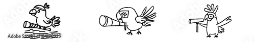 Coloring page outline of a jolly pirate or parrot with a spyglass. Ideal for a coloring book for kids. Modern design suitable for a pirate party for children