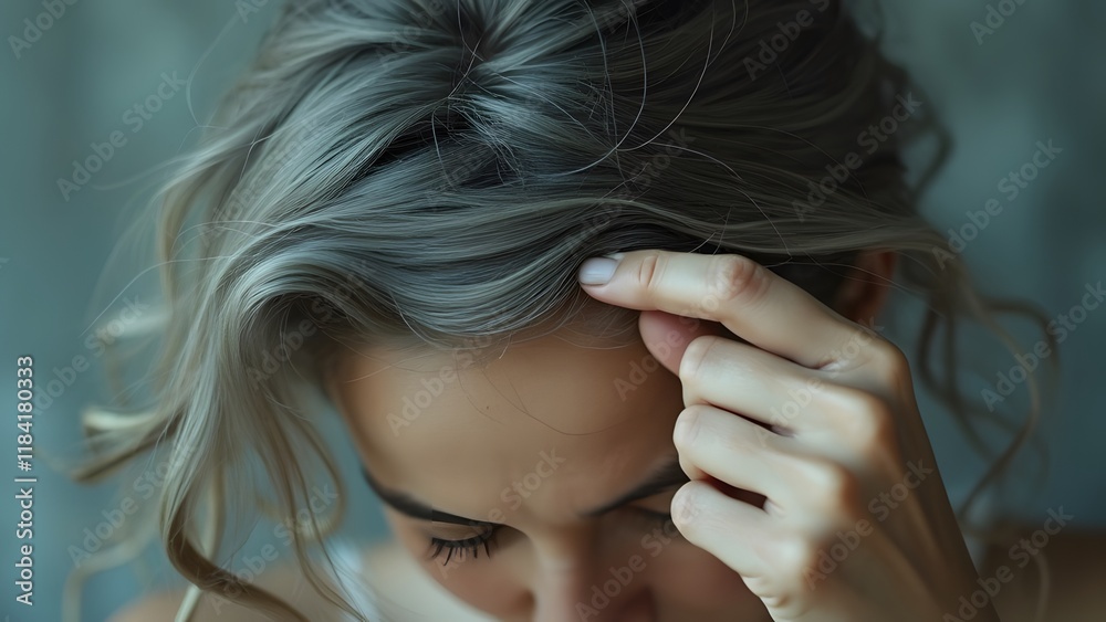 Naklejka premium Close-up of Woman's Hands Gently Touching Gray Hair, Serene and Contemplative Mood, Soft Diffused Light, Muted Color Palette, Introspective Moment, Detailed Hair Texture