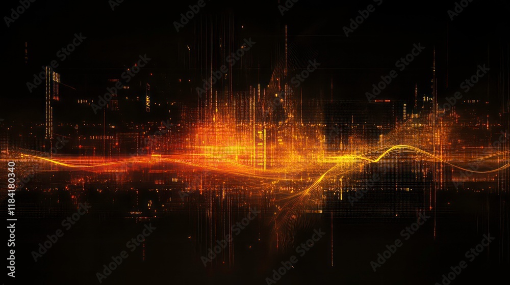 Fototapeta premium Abstract fiery cityscape at night with energy waves.