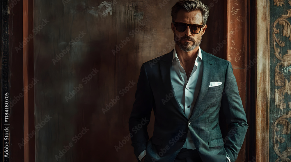 Stylish Man in Dark Suit Posing Against Old Wall Stylish Man in Dark Suit Posing Against Old Wall