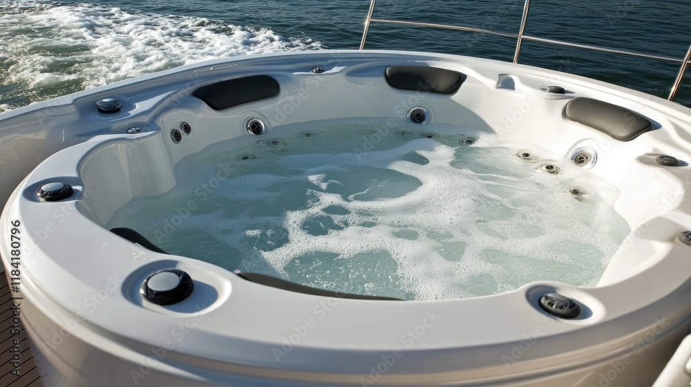 Obraz premium Top view of a jacuzzi on a yacht deck with an open sea in the background.