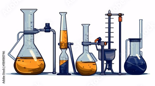 Lab glassware, experiment, science, chemistry, illustration, research, background, education.