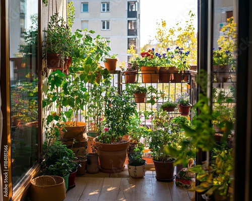 Cozy urban balcony garden filled with potted plants, flowers, and greenery. Sunlight filters through the glass doors, creating a warm and serene atmosphere. AI generative. photo