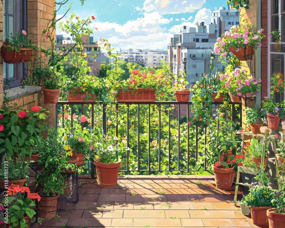 Obraz premium Sunny urban balcony adorned with vibrant potted flowers and greenery. Terracotta pots line the railing, creating a lush garden with city views in the background. AI generative.