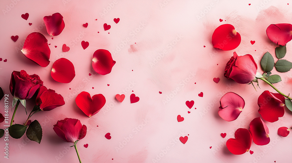 Red Roses and Heart Petals on a Romantic Pink Background Red Roses and Heart Petals on a Romantic Pink Background