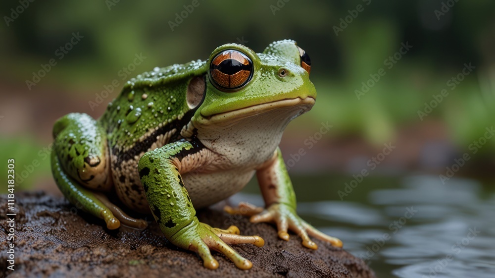 Close-up of a vibrant green frog near water. Close-up of a vibrant green frog near water.