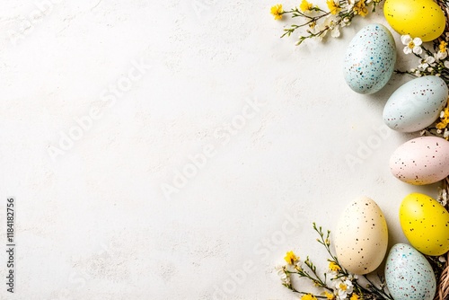 Colorful Easter eggs with black spots, placed on the right side of a white background with copy space, decorated with branches of yellow flowers
