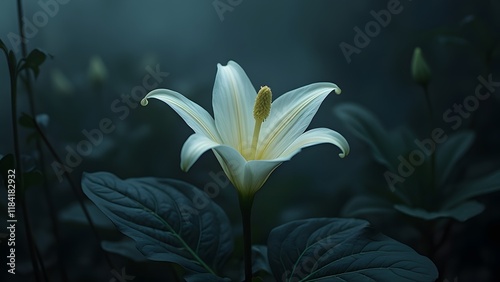 Mysterious White Lily Bloom in Velvet Darkness, A Single Flower Glowing in Night's Embrace