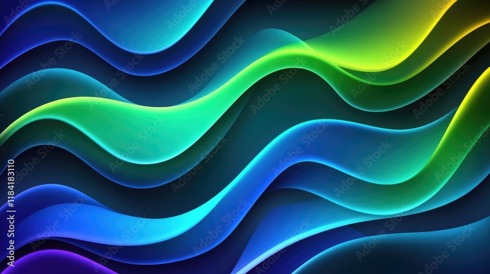 Fototapeta premium Top view of glowing wave-like patterns in neon blue and green tones, symbolizing digital flow.