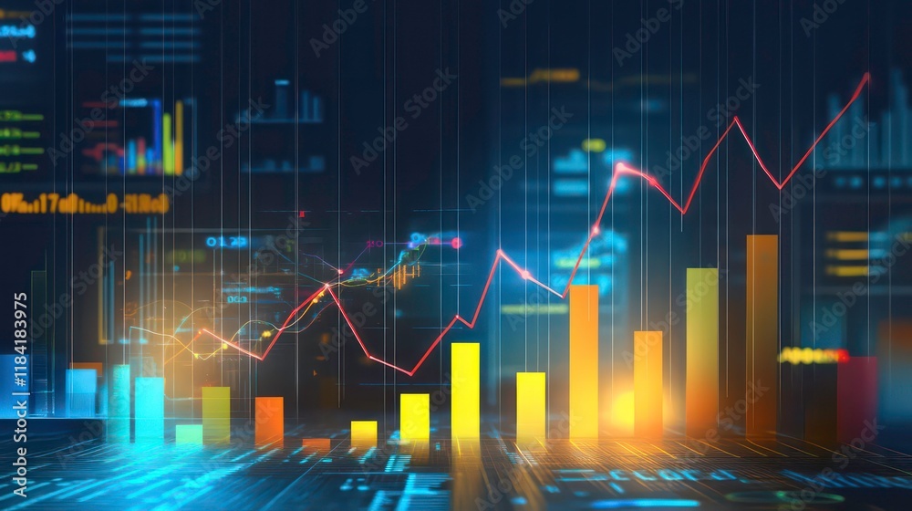 Abstract financial growth chart with vibrant bars and lines on digital background. Abstract financial growth chart with vibrant bars and lines on digital background.