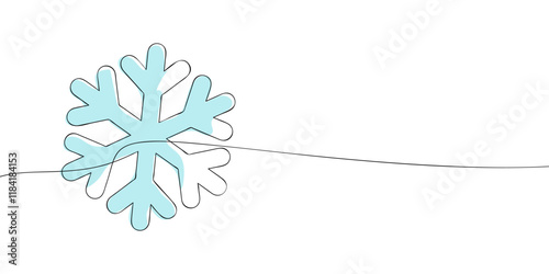 Snowflake drawn in continuous one-line style on white background. Minimalistic line art illustration for design and print in color. Winter and seasonal decoration concept.