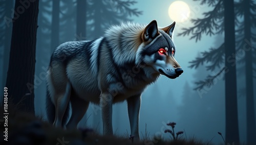 Grey Wolf Stalking in Moonlight Forest at Night photo